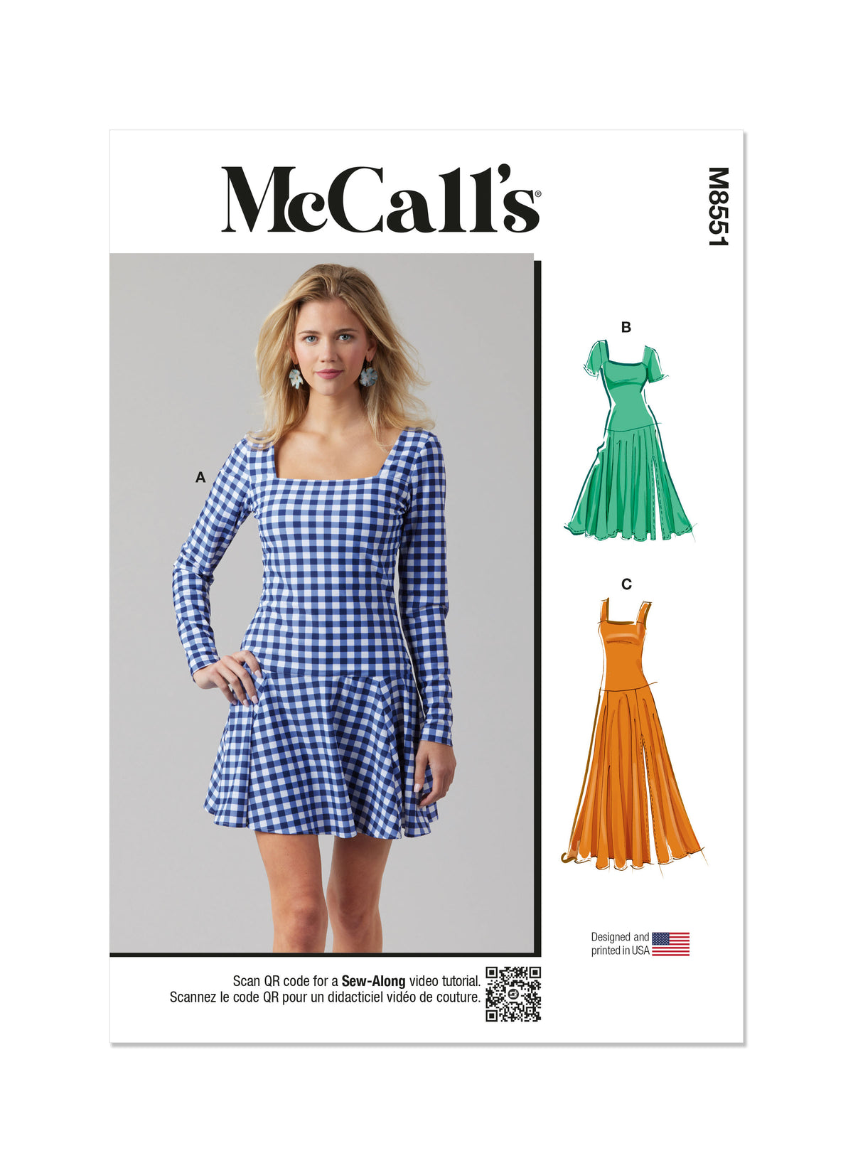 McCall's M8551 pattern envelope showing knit dresses with square necklines