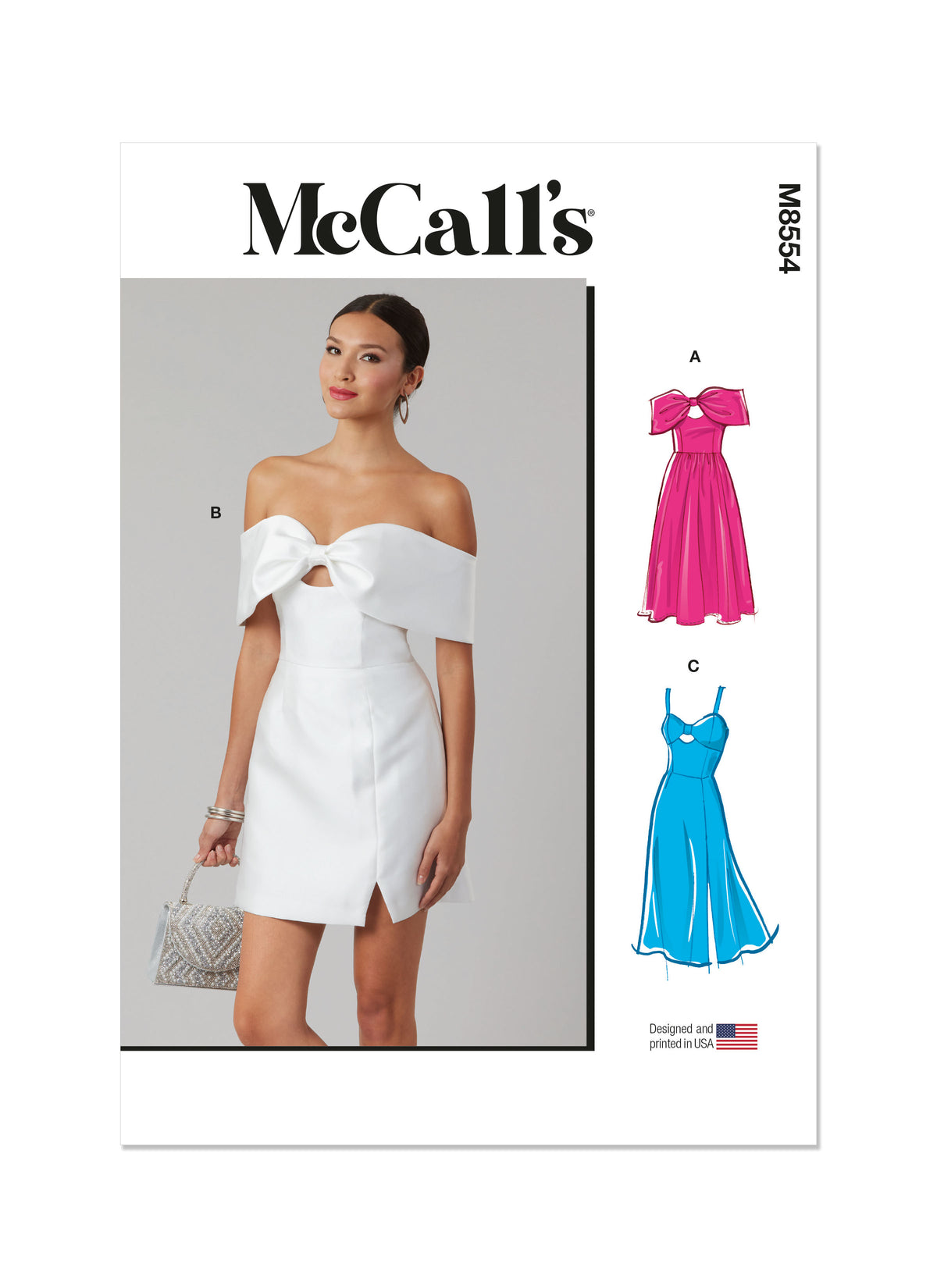 McCall's M8554 pattern envelope showing fitted special occasion dresses