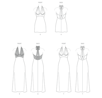 McCall's M8555 pattern envelope showing plunge neck halter dresses