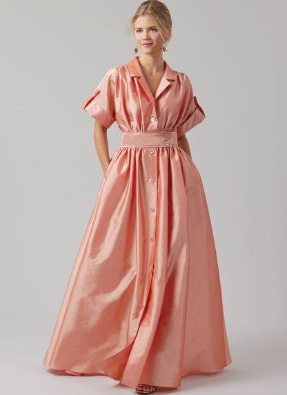 McCall's M8556 pattern envelope showing a button front dress with full skirt
