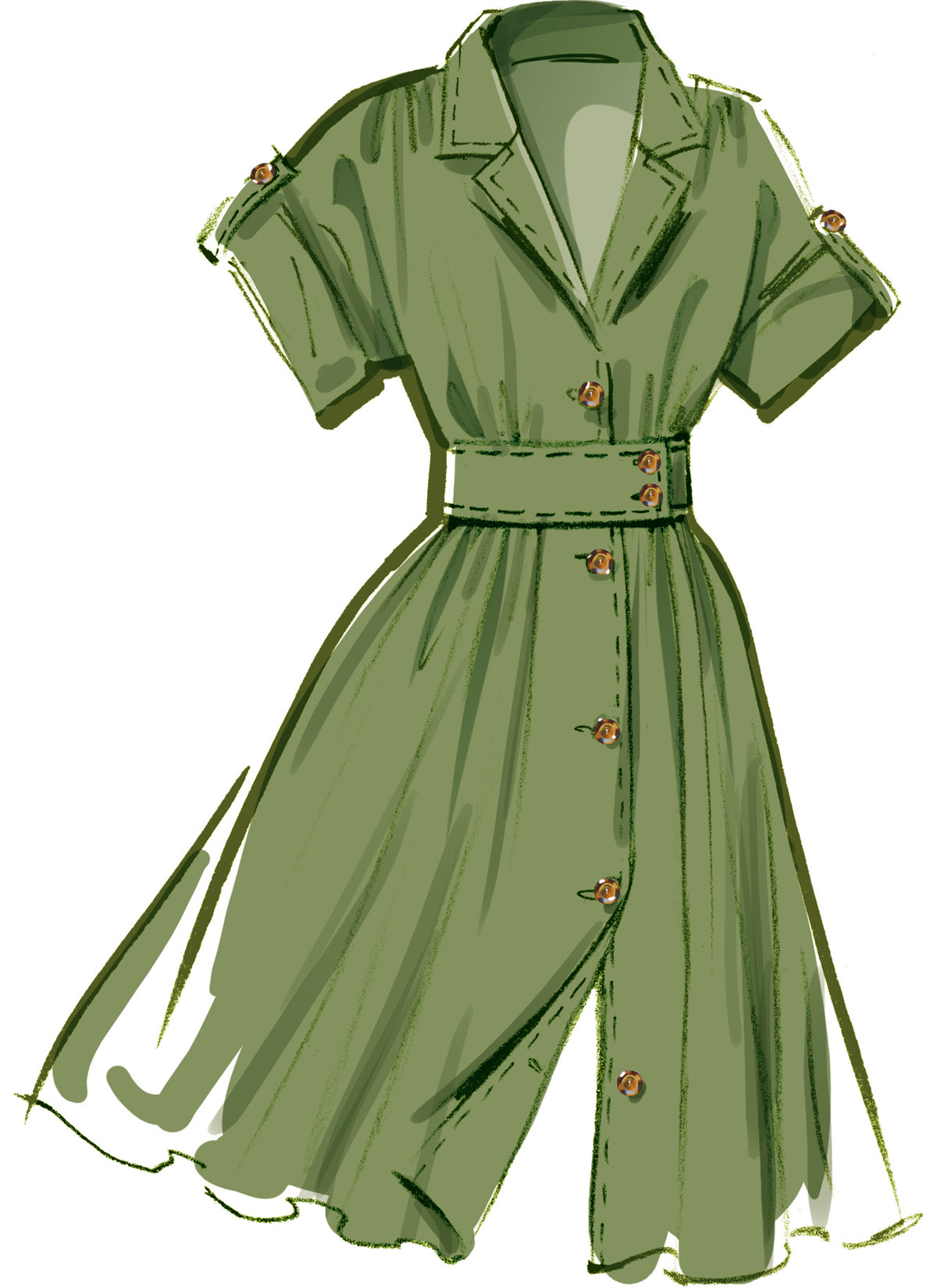 McCall's M8556 pattern envelope showing a button front dress with full skirt