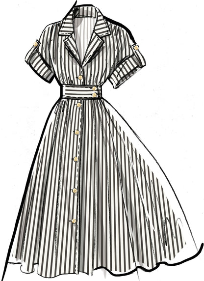 McCall's M8556 pattern envelope showing a button front dress with full skirt