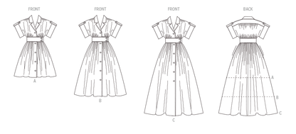 McCall's M8556 pattern envelope showing a button front dress with full skirt