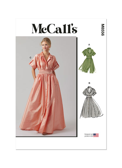 McCall's M8556 pattern envelope showing a button front dress with full skirt