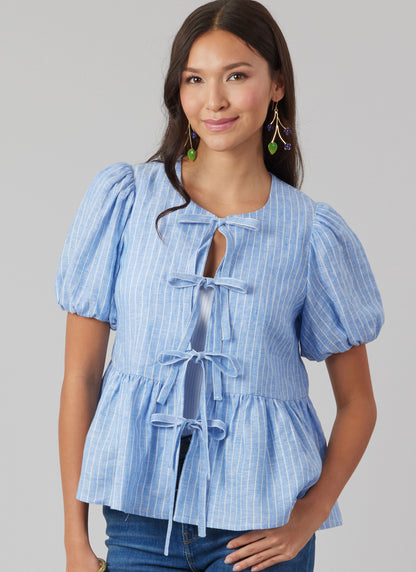 McCall's M8557 pattern envelope showing tie front tops in four styles