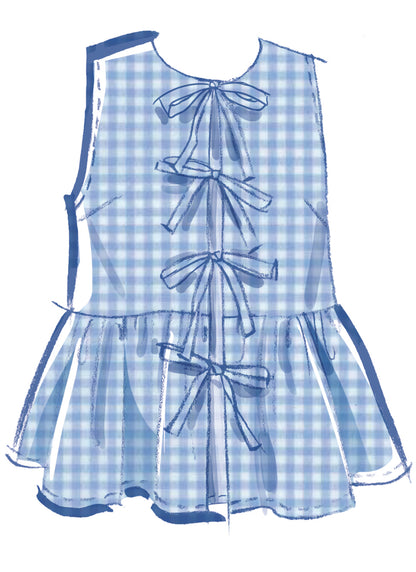 McCall's M8557 pattern envelope showing tie front tops in four styles