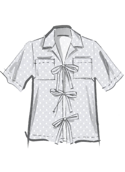 McCall's M8557 pattern envelope showing tie front tops in four styles