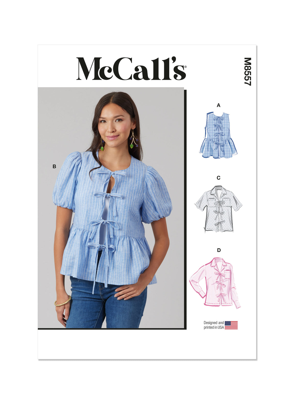 McCall's M8557 pattern envelope showing tie front tops in four styles