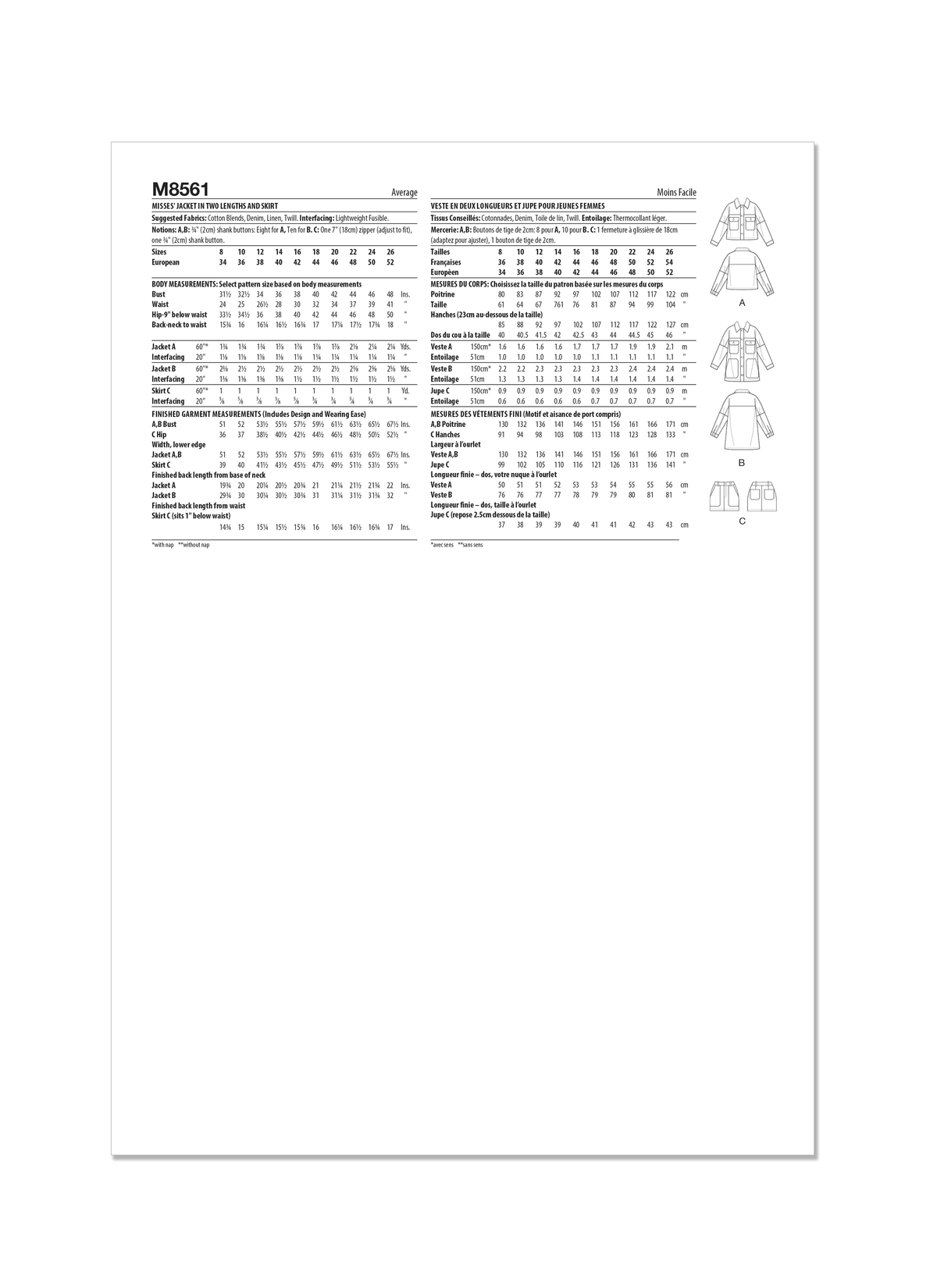 McCall's M8561 pattern envelope showing a button front jacket