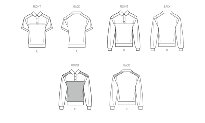 McCall's M8564 pattern envelope showing unisex knit tops with collars