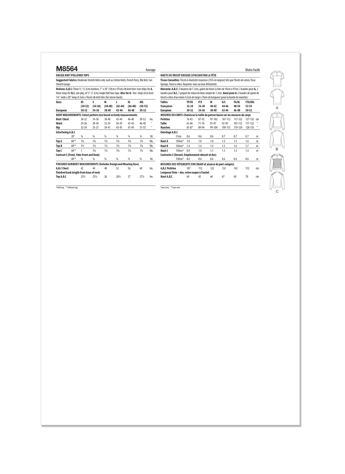McCall's M8564 pattern envelope showing unisex knit tops with collars