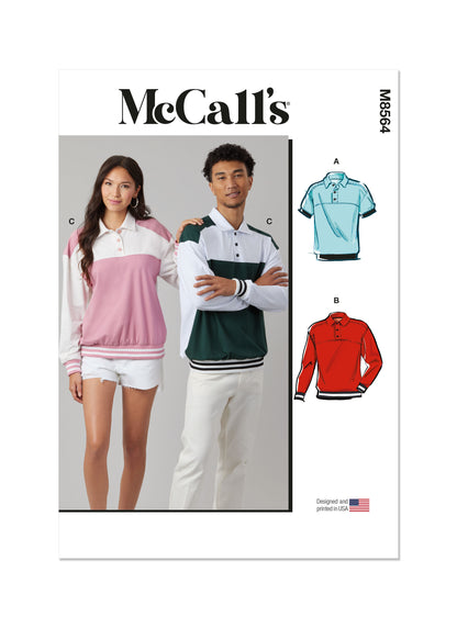McCall's M8564 pattern envelope showing unisex knit tops with collars