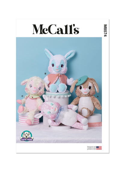 McCall's M8574 sewing pattern envelope showing soft toy puppy, bunny, lamb and fawn designs