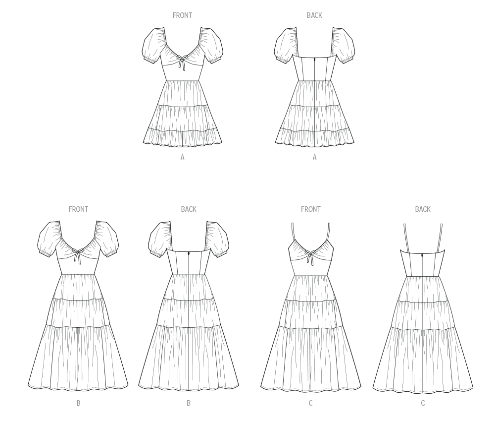 McCall's M8575 sewing pattern envelope showing empire waist tiered dress designs