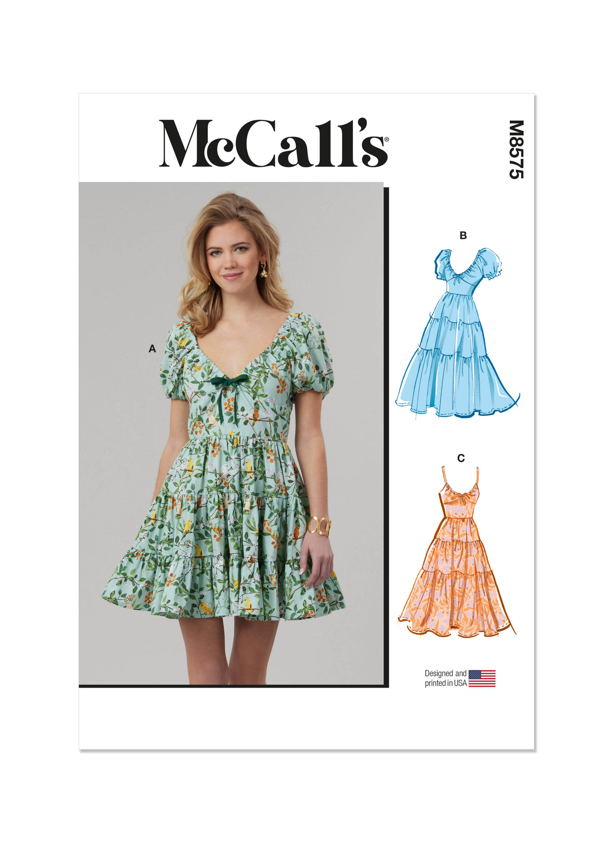 McCall's M8575 sewing pattern envelope showing empire waist tiered dress designs