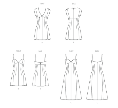 McCall's M8577 sewing pattern envelope showing fitted dress designs