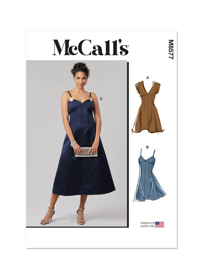 McCall's M8577 sewing pattern envelope showing fitted dress designs