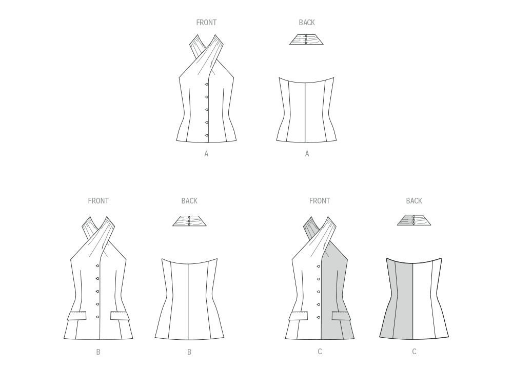 McCall's M8579 sewing pattern envelope showing waistcoat-style halter top designs