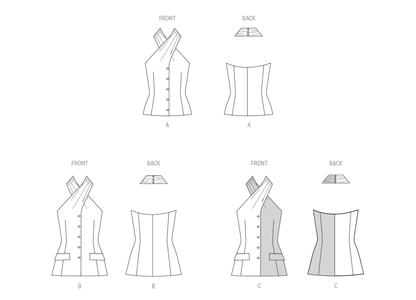 McCall's M8579 sewing pattern envelope showing waistcoat-style halter top designs