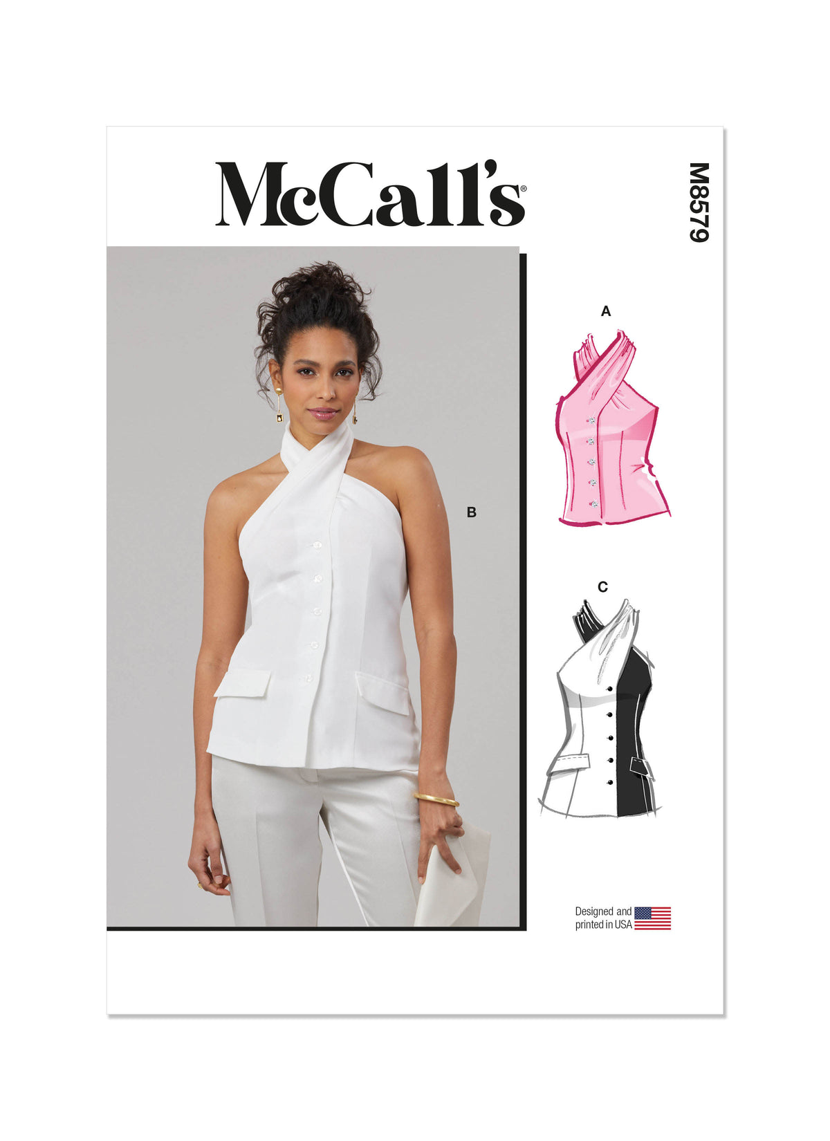 McCall's M8579 sewing pattern envelope showing waistcoat-style halter top designs