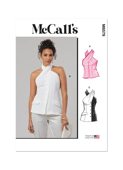 McCall's M8579 sewing pattern envelope showing waistcoat-style halter top designs