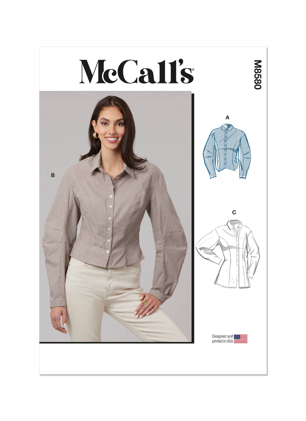 McCall's M8580 sewing pattern envelope showing fitted collared shirts designs