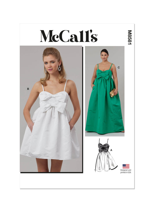 McCall's M8581 sewing pattern envelope showing sweetheart empire waist dress designs