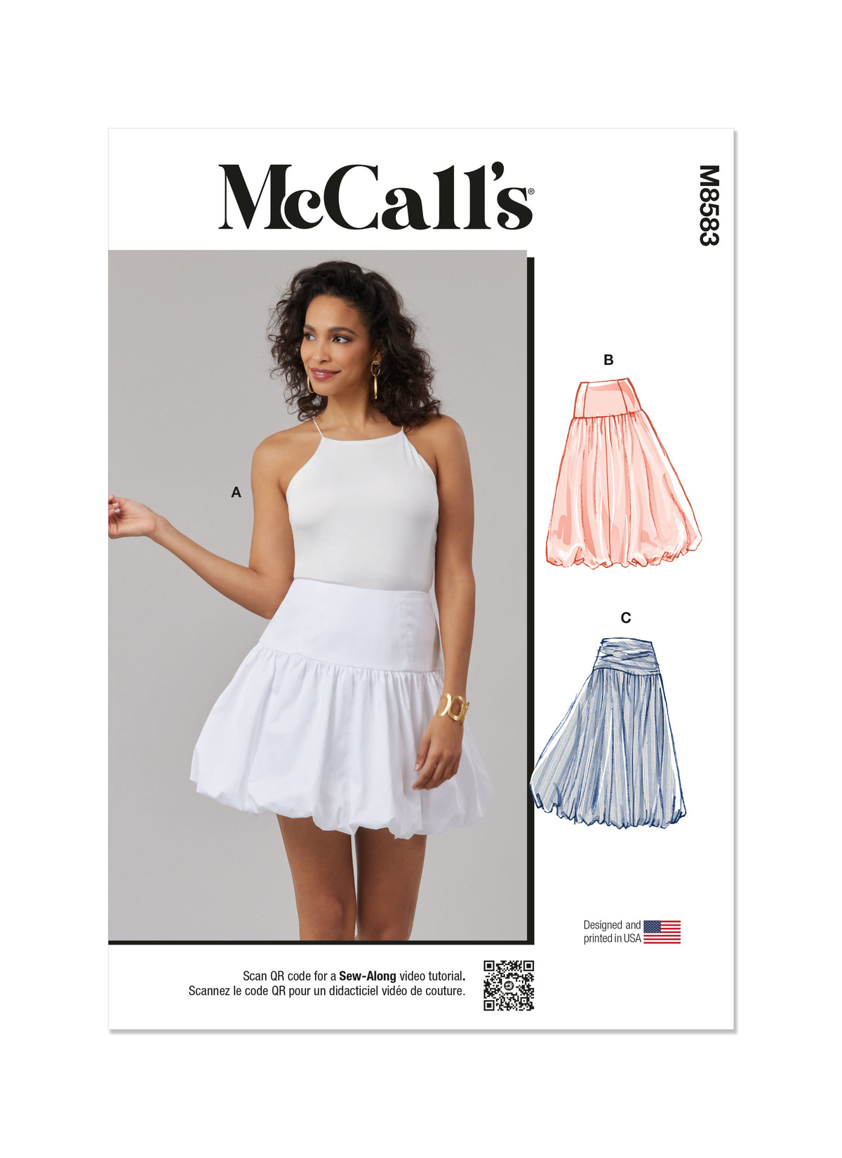 McCall's M8583 sewing pattern envelope showing bubble hem flared skirt designs