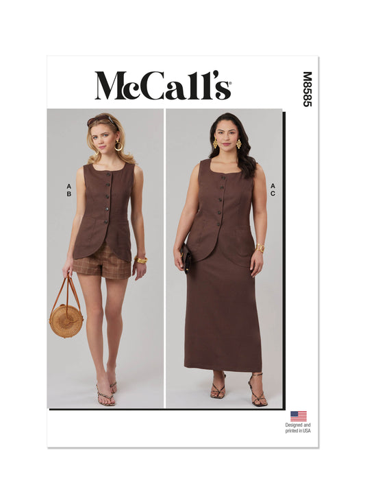 McCall's M8585 sewing pattern envelope showing fitted top with back belt designs