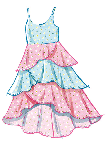 McCall's M8592 sewing pattern envelope showing girls' layered dresses designs
