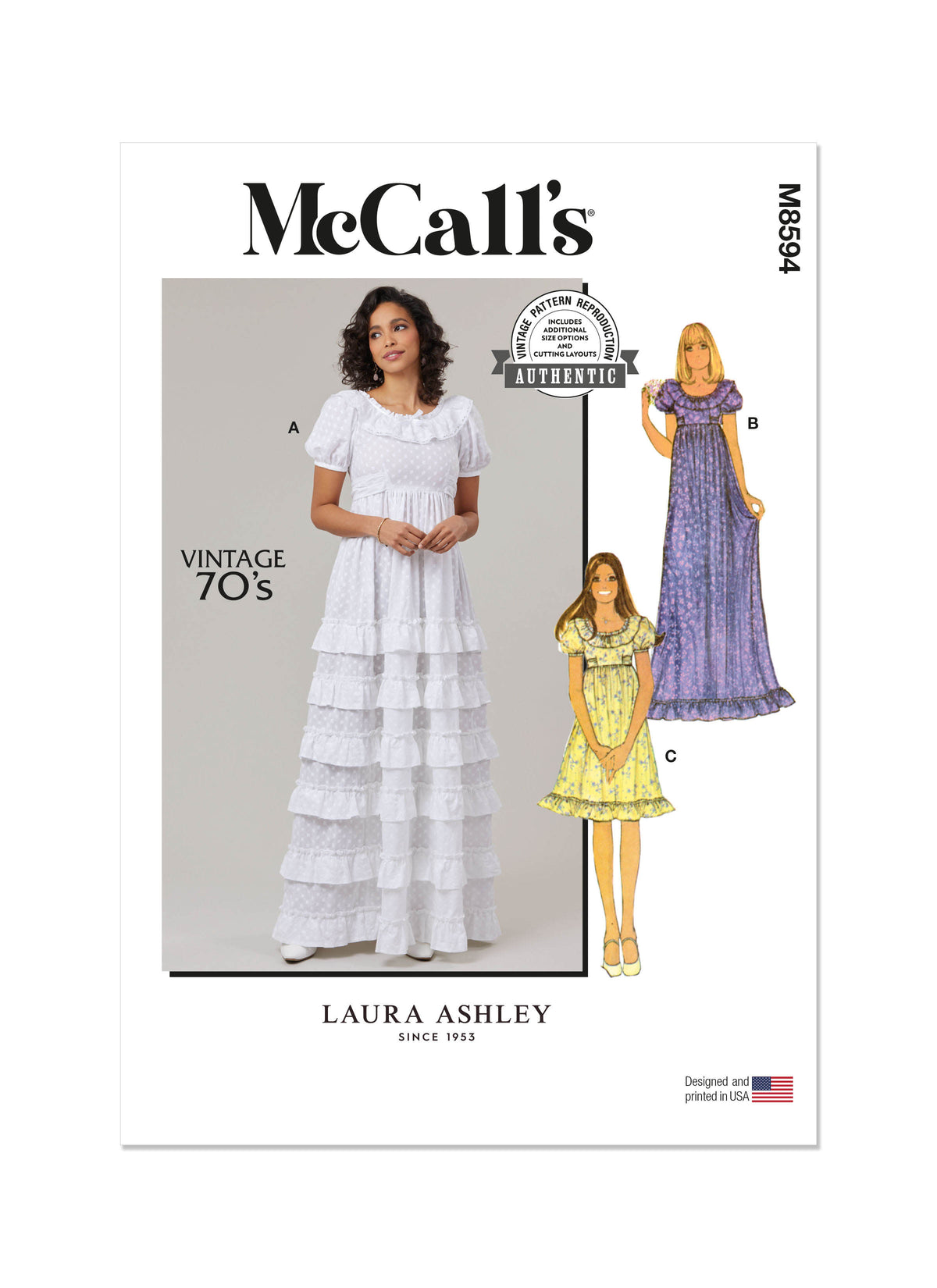 McCall's M8594 sewing pattern envelope showing 1970s laura ashley dresses designs