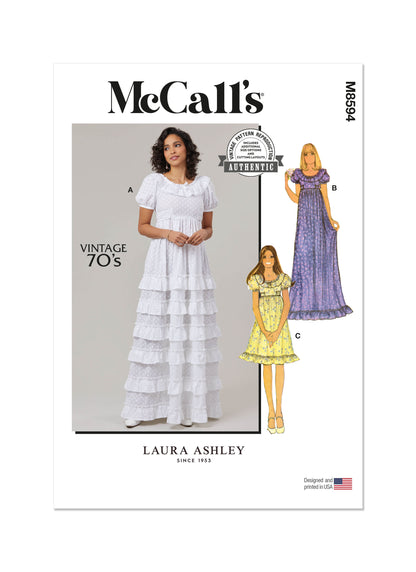 McCall's M8594 sewing pattern envelope showing 1970s laura ashley dresses designs