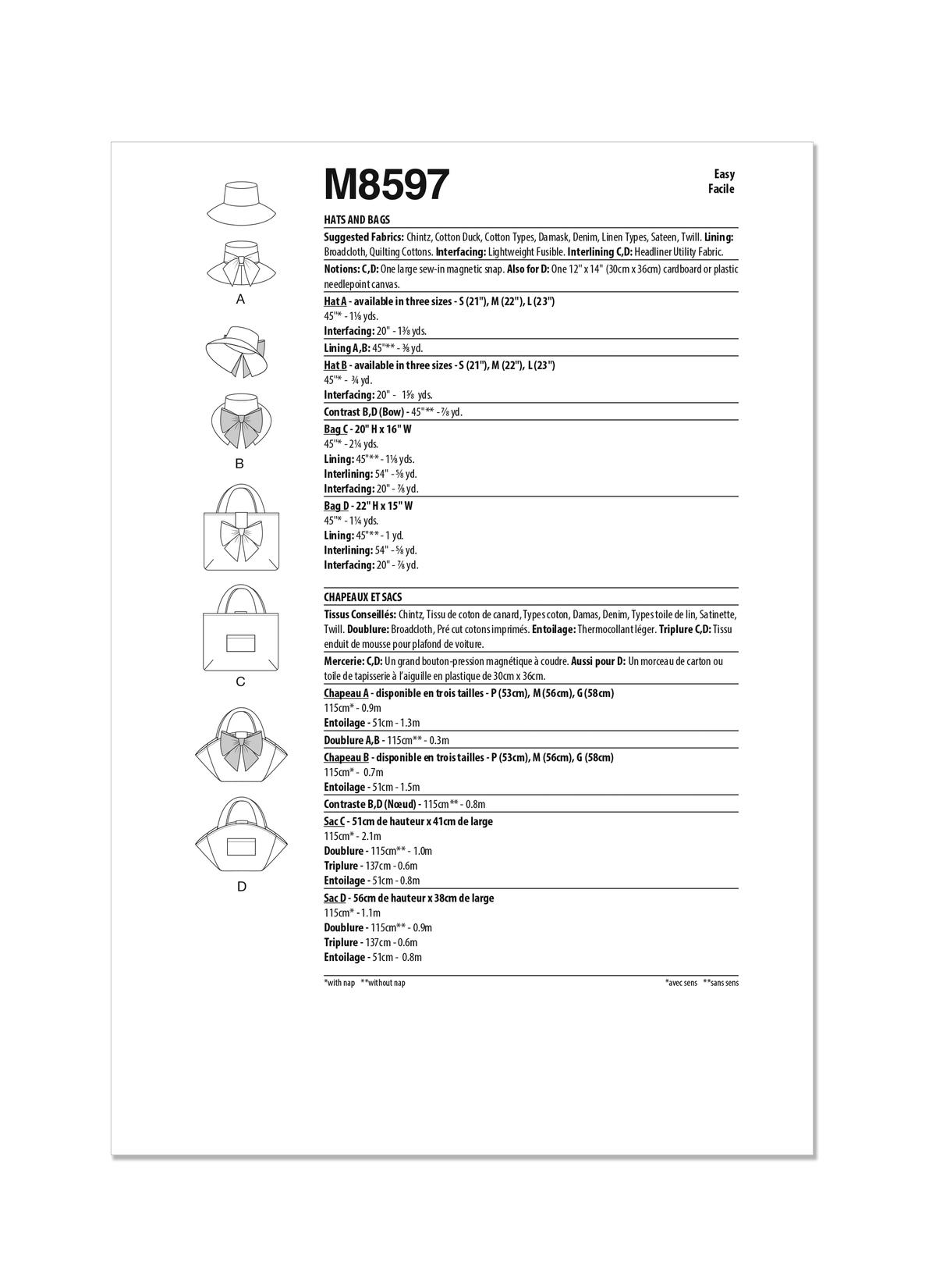 McCall's M8597 bucket hat sewing pattern envelope