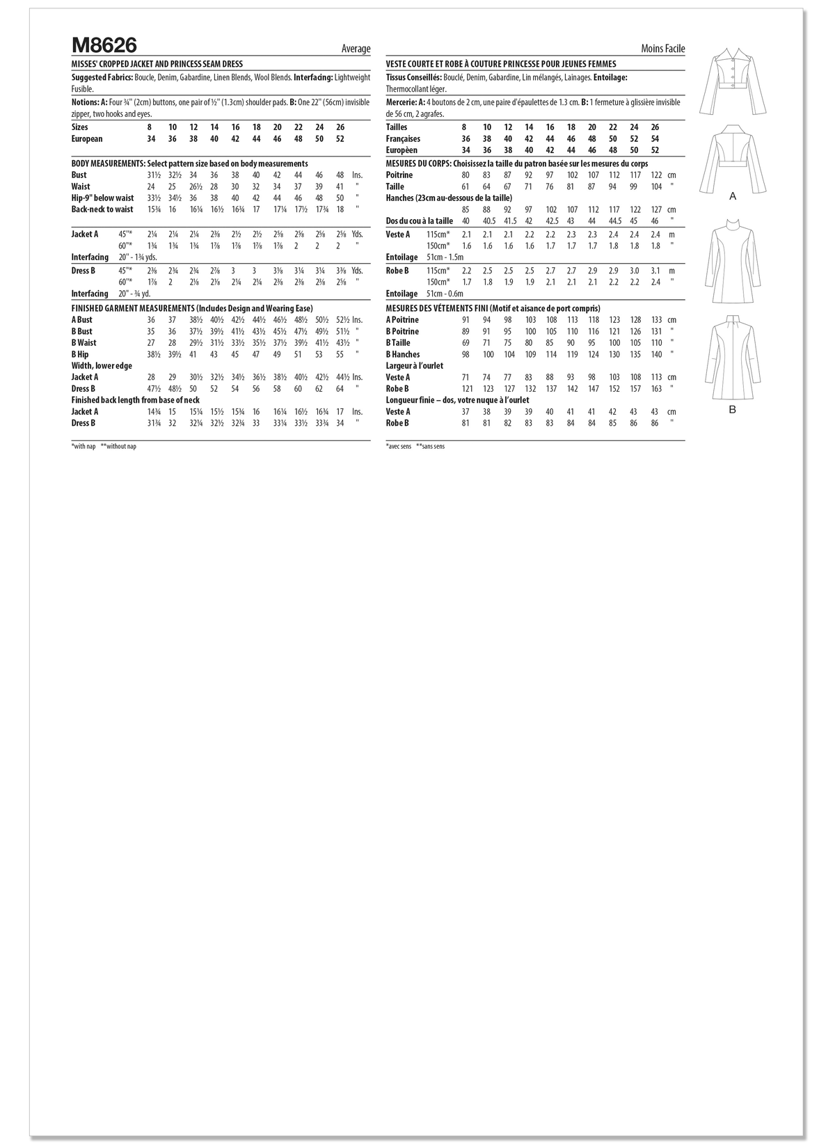 McCall's M8626 sewing pattern envelope showing a semi-fitted cropped jacket with a button front