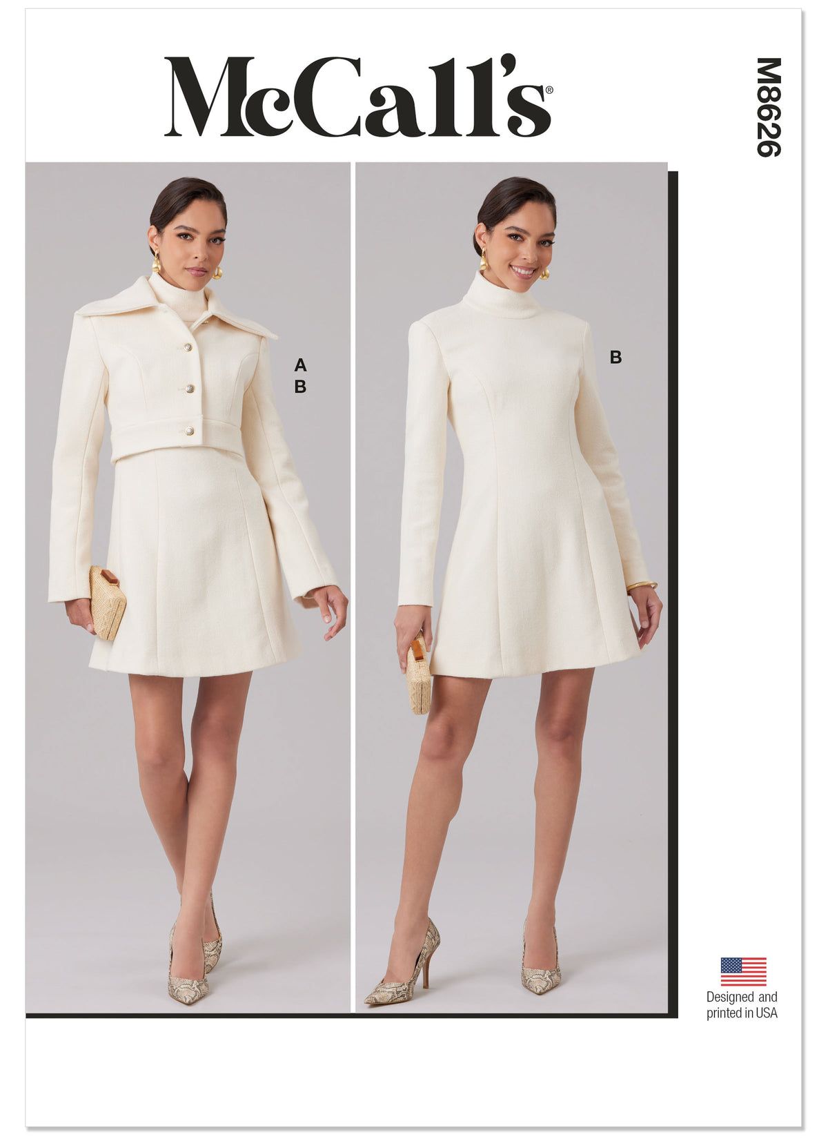 McCall's M8626 sewing pattern envelope showing a semi-fitted cropped jacket with a button front