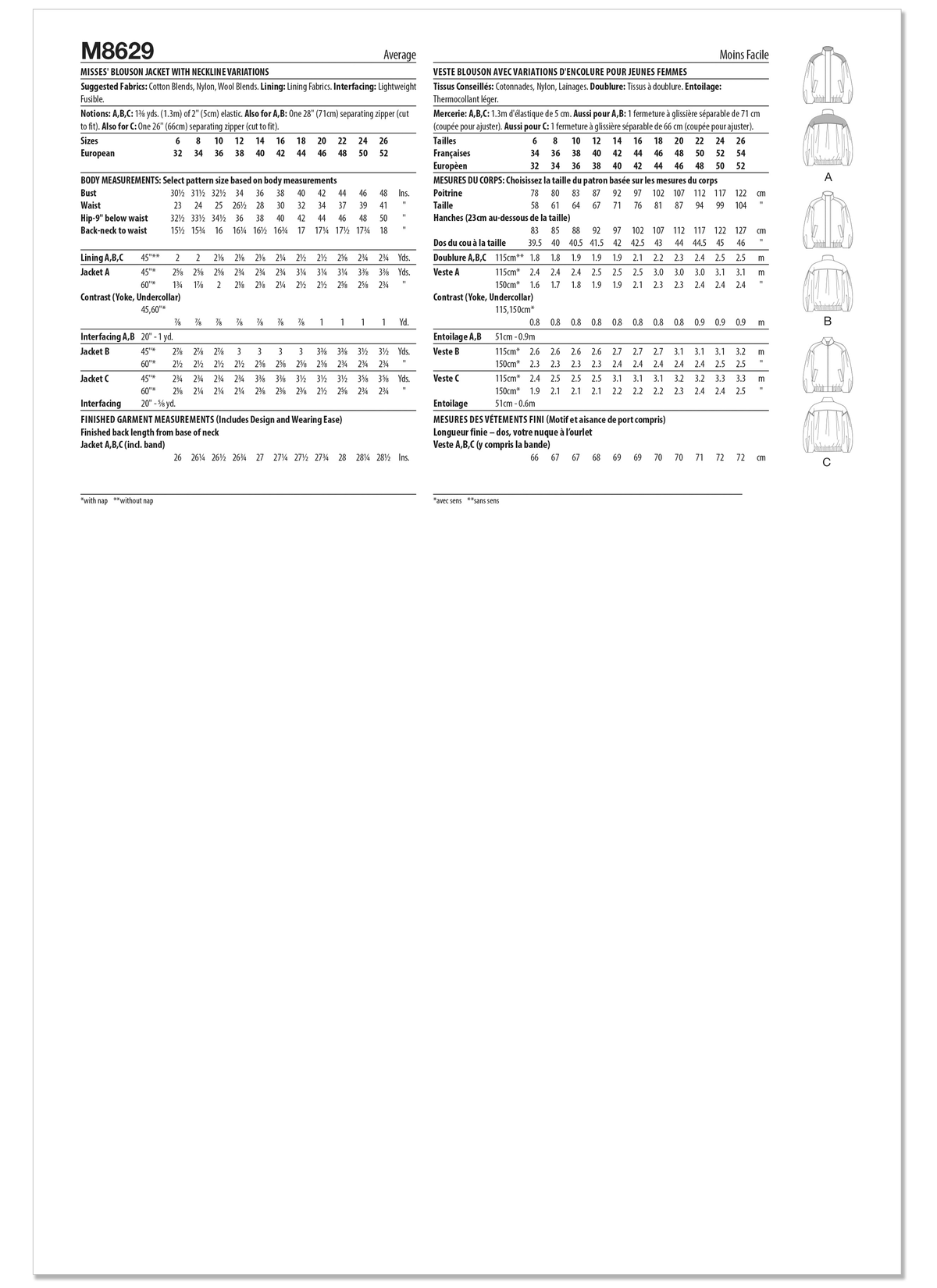 McCall's M8629 sewing pattern envelope showing a lined blouson jacket, very loose fitting through the bust