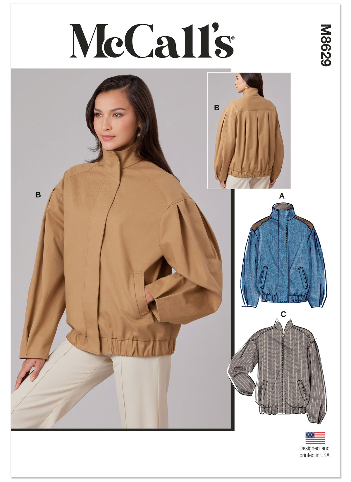 McCall's M8629 sewing pattern envelope showing a lined blouson jacket, very loose fitting through the bust