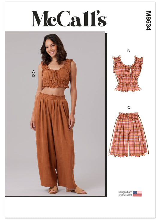 McCall's M8634 sewing pattern envelope showing a sleeveless lounge top with ruffles at the neckline and armholes
