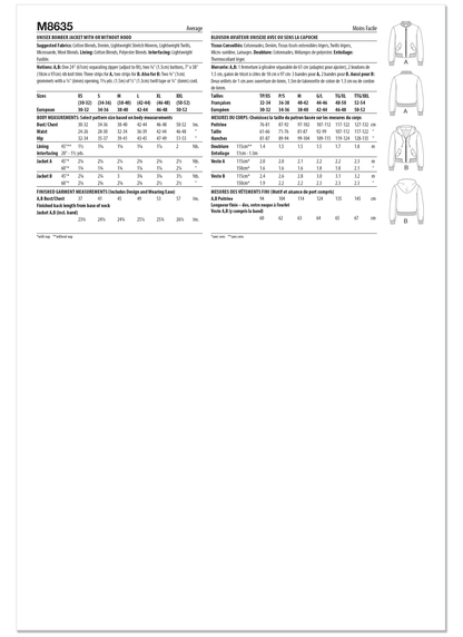 McCall's M8635 sewing pattern envelope showing a lined bomber jacket