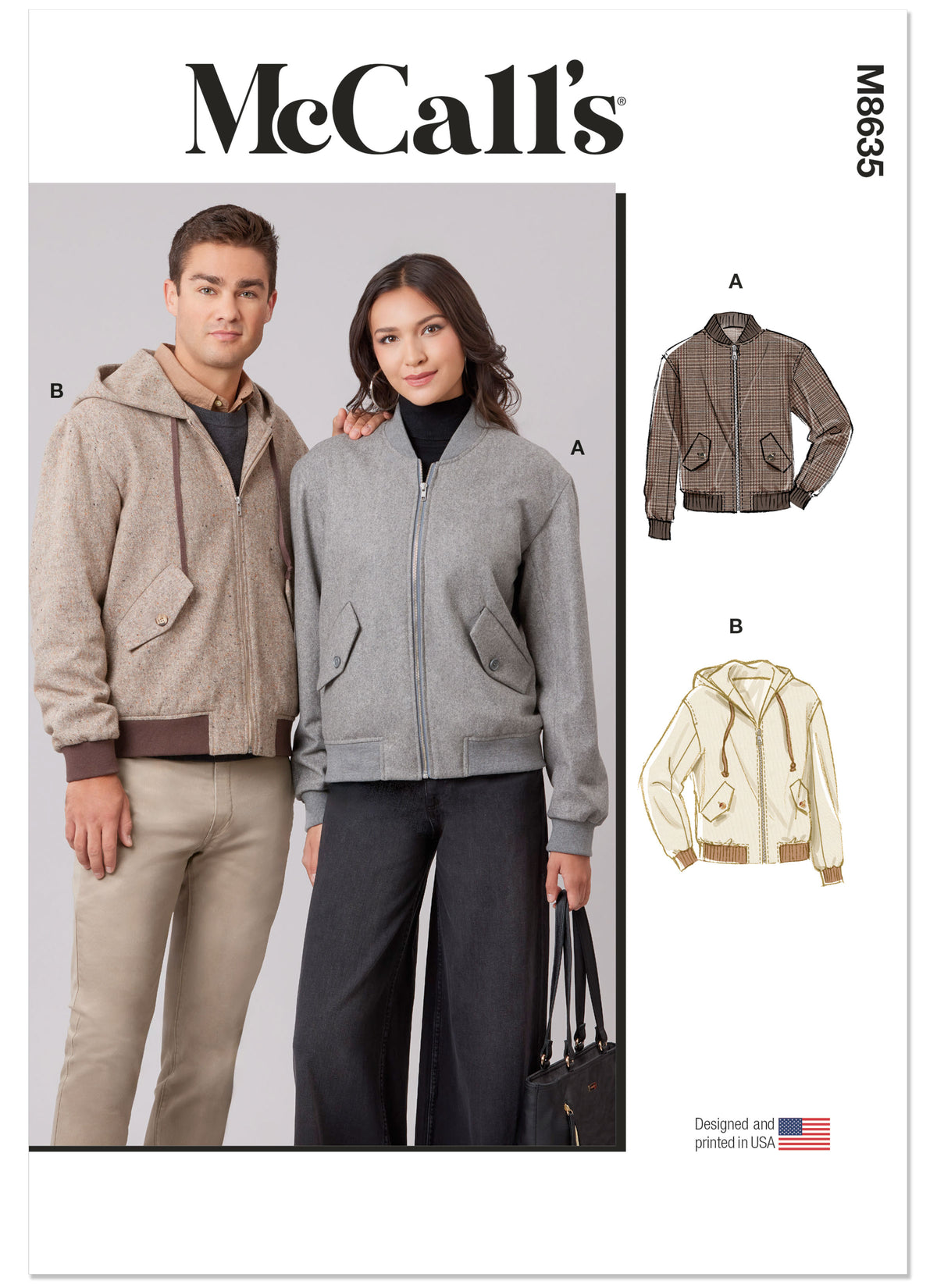 McCall's M8635 sewing pattern envelope showing a lined bomber jacket
