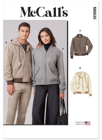 McCall's M8635 sewing pattern envelope showing a lined bomber jacket