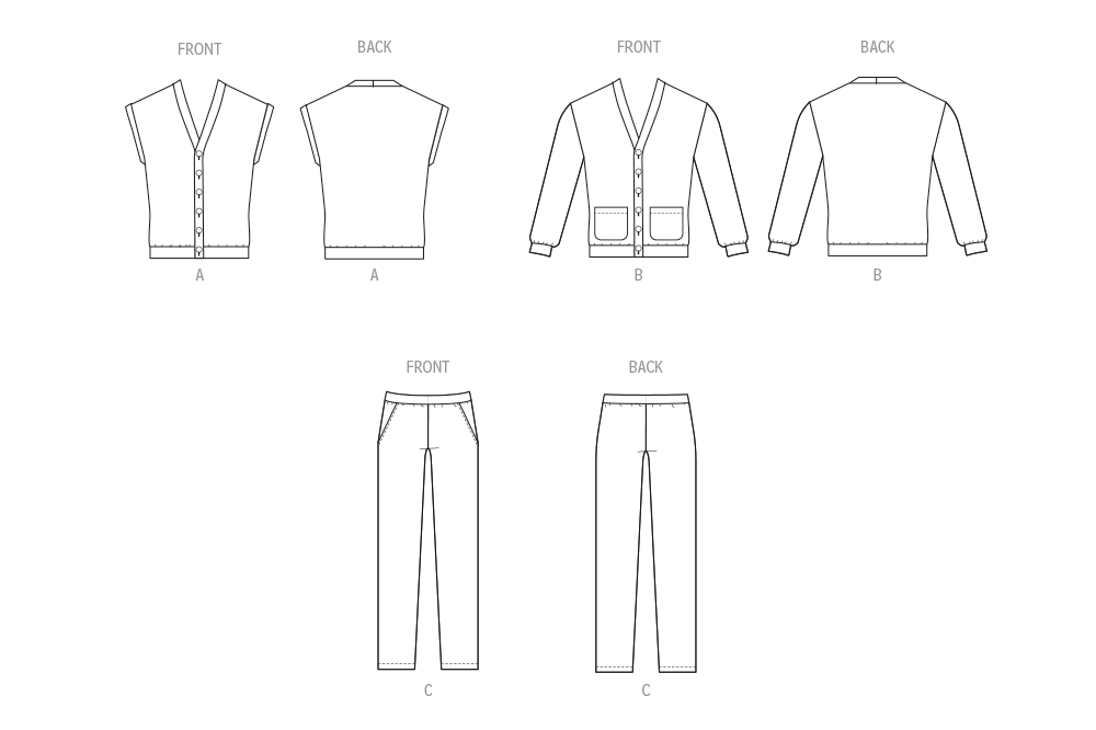 McCall's M8637 sewing pattern envelope showing a V-neck waistcoat and cardigan