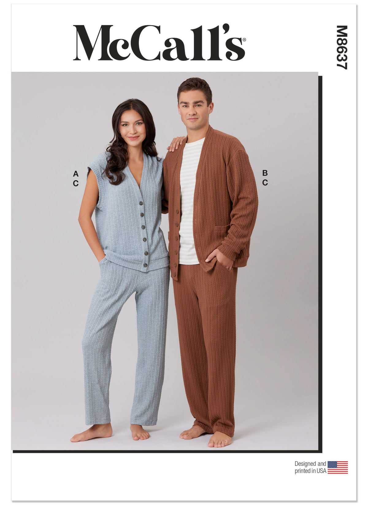 McCall's M8637 sewing pattern envelope showing a V-neck waistcoat and cardigan