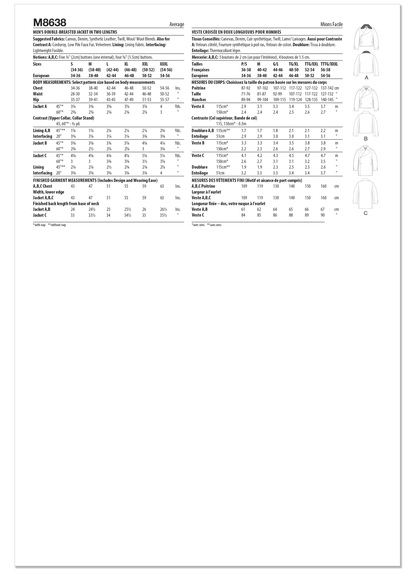 McCall's M8638 sewing pattern envelope showing a loose-fitting, lined, double-breasted jacket