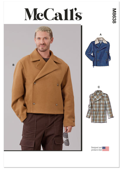 McCall's M8638 sewing pattern envelope showing a loose-fitting, lined, double-breasted jacket