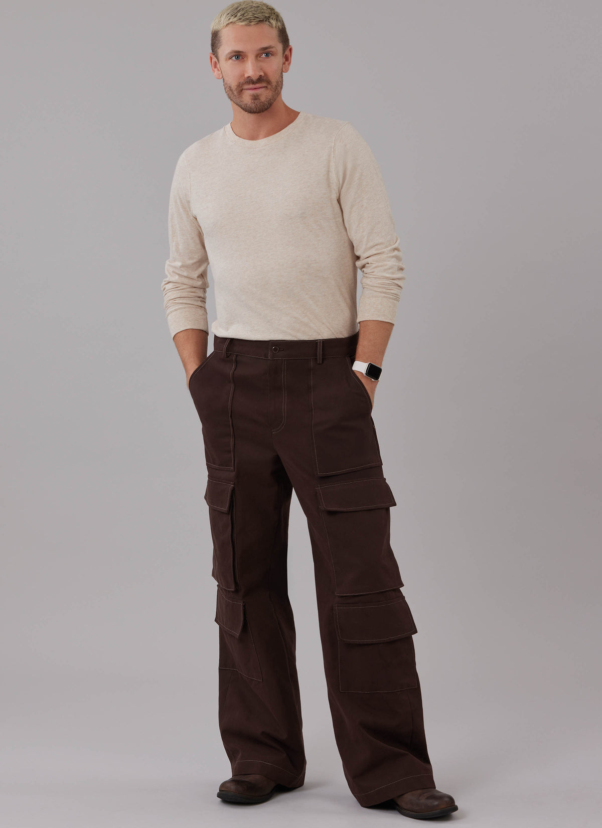 McCall's M8639 sewing pattern envelope showing loose-fitting trousers that sit 1in below the waist
