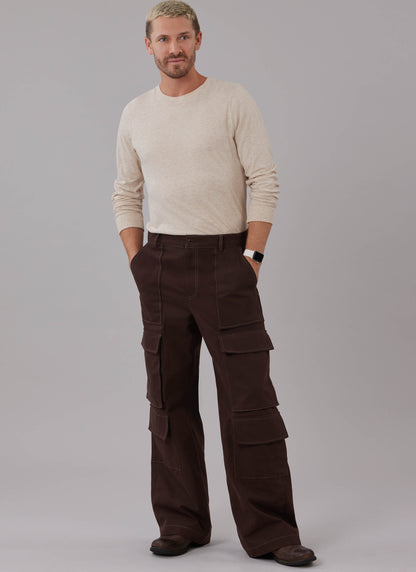 McCall's M8639 sewing pattern envelope showing loose-fitting trousers that sit 1in below the waist
