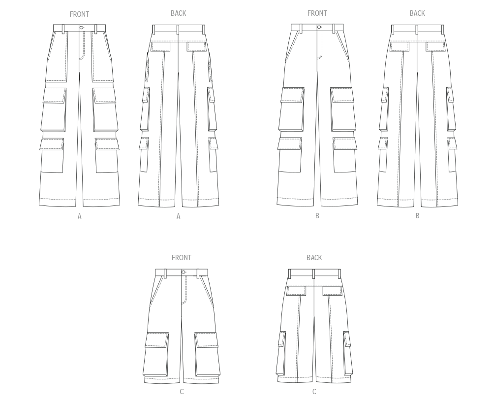McCall's M8639 sewing pattern envelope showing loose-fitting trousers that sit 1in below the waist