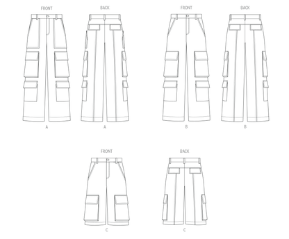 McCall's M8639 sewing pattern envelope showing loose-fitting trousers that sit 1in below the waist
