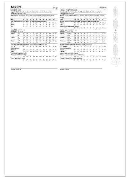 McCall's M8639 sewing pattern envelope showing loose-fitting trousers that sit 1in below the waist